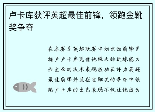 卢卡库获评英超最佳前锋，领跑金靴奖争夺